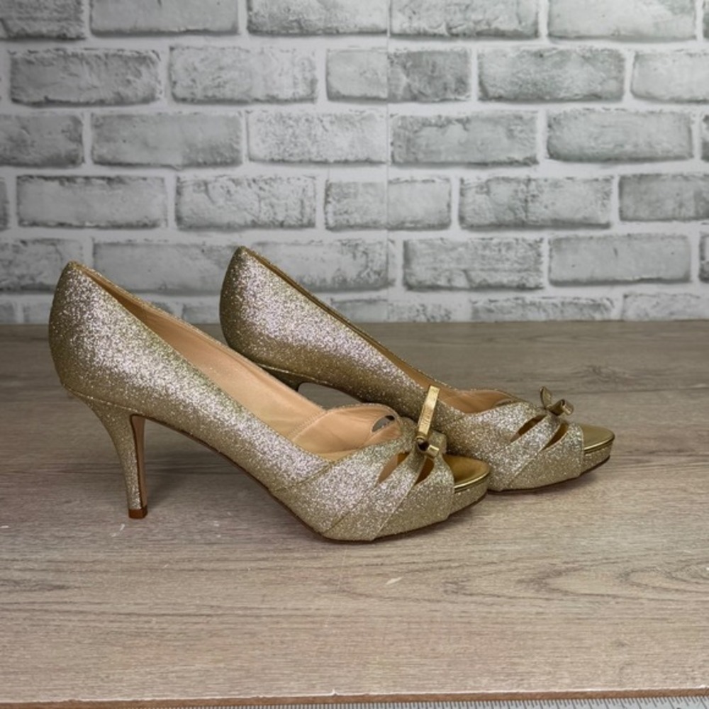 Kate Spade New York Charm Gold Glitter Peep Toe Bow Pumps Size 7.5B - Picture 4 of 8